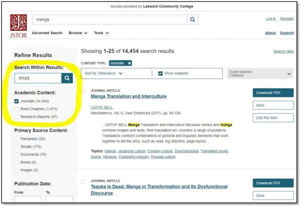 Screenshot of JSTOR search results page