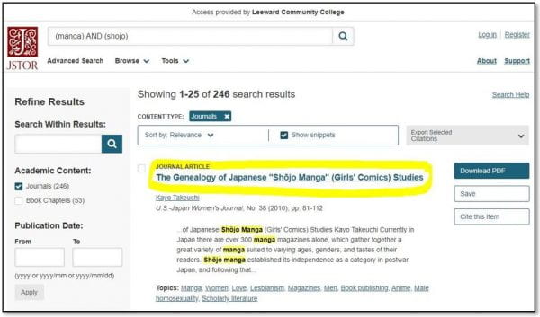 Screenshot of JSTOR refined search results